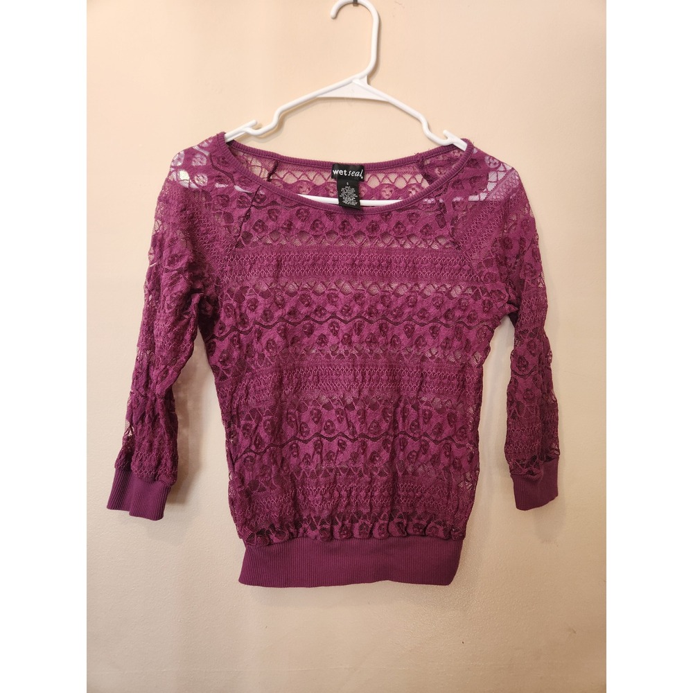 VTG Wet Seal Plum Purple Sheer Lace Crochet Knit Top Fairy Grunge Y2K Size Small